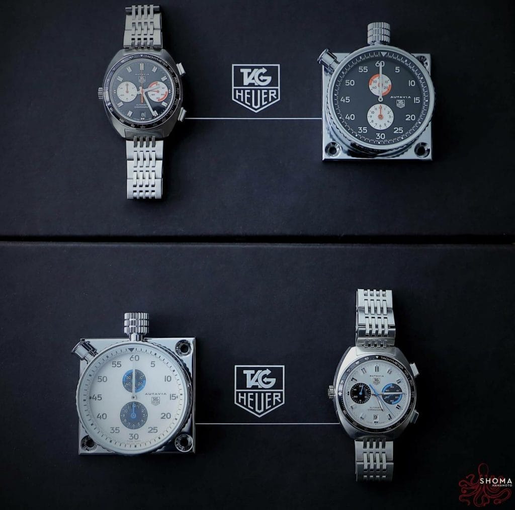 Tag Heuer Autavia wristwatch and dashboard sets. Tag Heuer Autavia with black dial ref CY2111. Tag Heuer Autavia with white dial ref CY2110 - Shoma Hamamoto